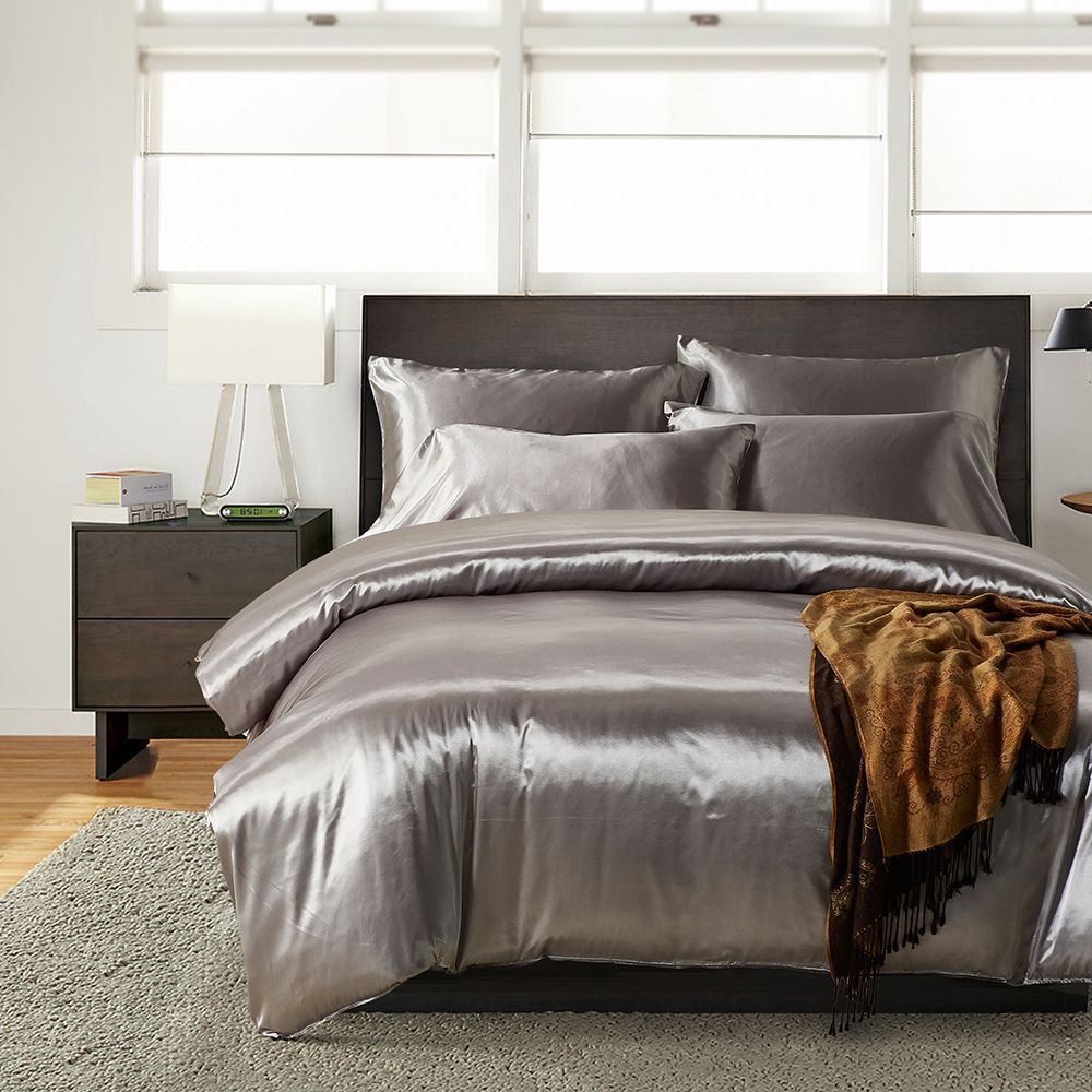 Hotel Home Solid Color Imitated Silk Luxury Satin 3pcs Comforter Bedding Set - Shandi Shop Shandi Shop