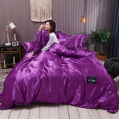Pure Color Washed Silk Bed Sheet Ice Silk Four - piece Bed Sheet Duvet Cover - Shandi Shop Shandi Shop