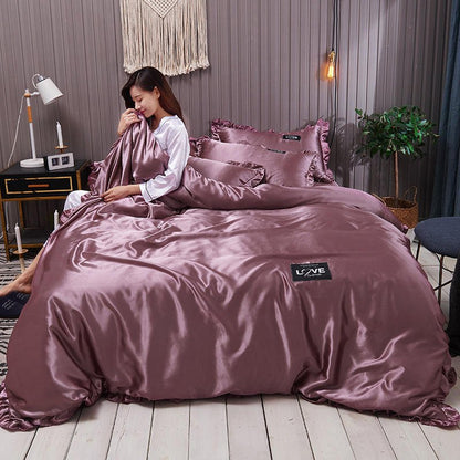 Pure Color Washed Silk Bed Sheet Ice Silk Four - piece Bed Sheet Duvet Cover - Shandi Shop Shandi Shop